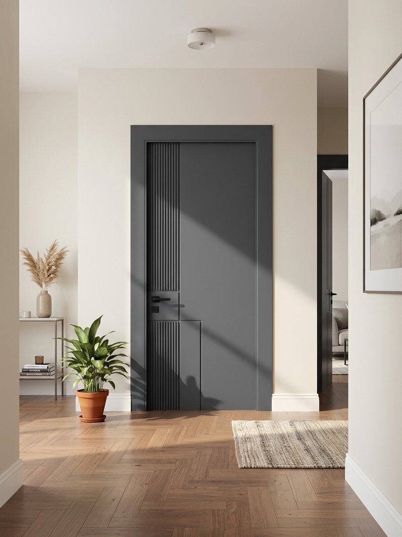 Onyx model antrasit çıtalı lake kapı, kapalı, koridor görselleştirmesi