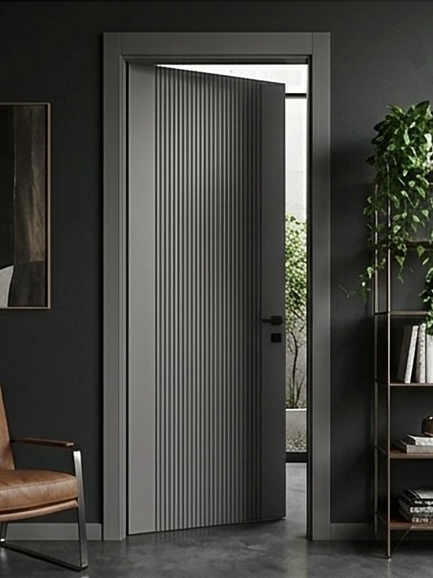 Tempo model tam boy çıtalı gri lake kapı, koyu duvarlı oda görselleştirmesi