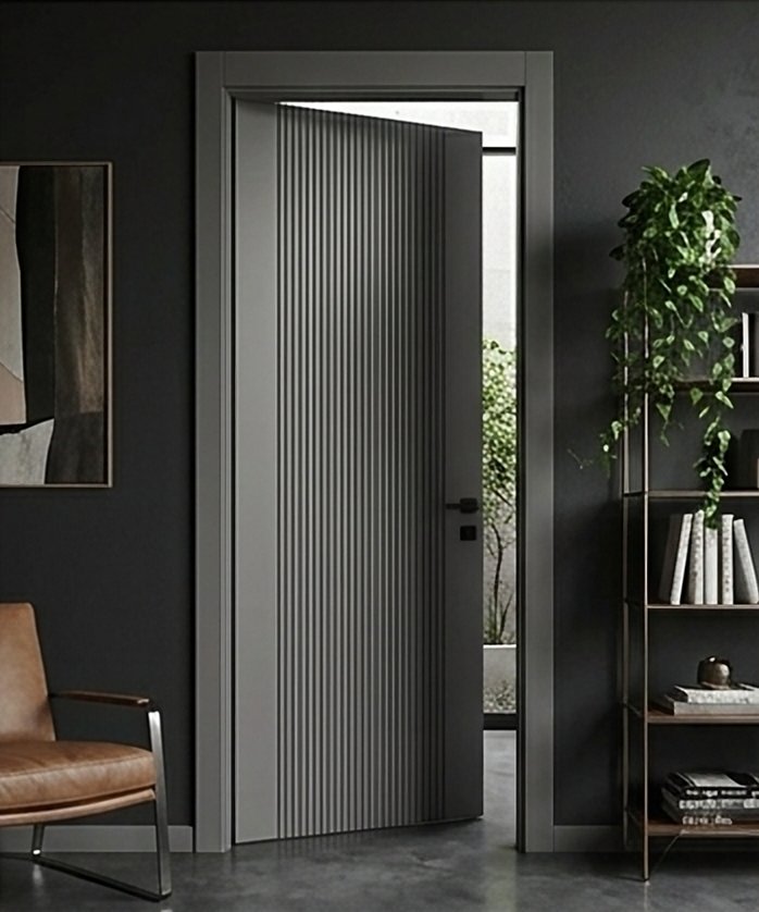 Tempo model tam boy çıtalı gri lake kapı, koyu duvarlı oda görselleştirmesi
